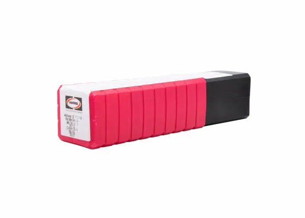 A rectangular plastic container labeled Harris holds Harris E7018 Stick SMAW Welding Rod 3/32 10 Box 70185010. The package has red and white sections with a black cap, ideal for low hydrogen stick welding electrodes. Plain white background.