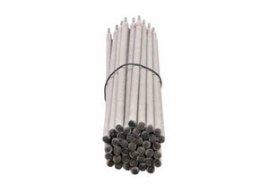 A bundle of Harris E7018 Stick SMAW Welding Rod 3/32, model 70185010, held with a black rubber band. The low hydrogen rods have pointed tips and uniform cylindrical shapes, shown against a white background.