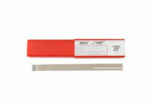 A red rectangular box labeled “Harris E7018 Stick SMAW Welding Rod 3/32 5 Box 7018505” sits on a plain white background, with four low hydrogen electrode welding rods placed in front of it.