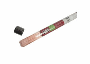 A bundle of Harris ER70S-2 Mild Steel TIG Welding Alloy rods (1/8 in, 10 lb box, E70S260) partially slides out from a clear plastic tube with its black cap removed and placed nearby.