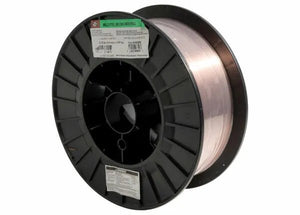 A large black plastic spool of Harris ER70S-3 Mild Steel MIG GMAW Welding Wire .030 33# (E70S3E8) is tightly wound, with a green and white label featuring barcodes and text on the rim, highlighting its cylindrical shape and central hole.