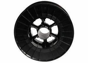 A black, empty plastic spool for Harris ER70S-3 Mild Steel MIG GMAW Welding Wire (.030, 33#) features a wide rim with evenly spaced ridges and a large central hole, surrounded by a solid cylindrical hub.