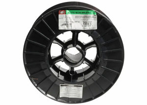 A black plastic spool of Harris ER70S-3 Mild Steel MIG GMAW Welding Wire (.030, 33#) is shown from above, featuring a green and white product label on top, a white warning label at the bottom, and coiled wire inside.