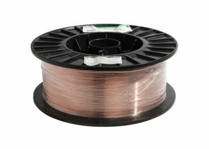 A 33 lb spool of Harris ER70S-3 Mild Steel MIG GMAW Welding Wire (.030, E70S3E8) is neatly coiled and wrapped in clear plastic, with a white label and packet attached, displayed on a white background.