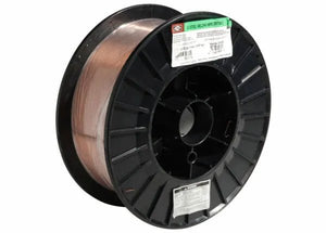 A large black plastic spool holds a tightly wound coil of Harris ER70S-3 Mild Steel MIG GMAW Welding Wire (.035, 33# spool, E70S3F8). Stickers with product info and barcodes are affixed to the rim and side. Central hole allows for mounting.