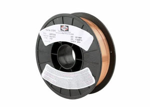 An 11 lb spool of Harris ER70S-6 Mild Steel MIG Welding Wire (0.023 in / 0.58 mm, E70S615) features copper-coated wire tightly wound on a black plastic reel with a white label showing product specs and barcode.