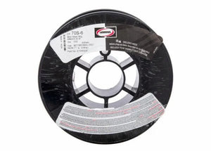 An 11LB spool of Harris ER70S-6 Mild Steel MIG GMAW Welding Wire (.030, E70S6E5) sits on a black plastic reel with a white center, viewed from above on a plain white background, showing its specifications and branding.