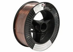 The Harris ER70S-6 Mild Steel MIG Welding Wire .030 33# Spool (E70S6E8) features a tightly wound, shiny metallic wire on a spool with black plastic core, side flanges, and a white label displaying product info and logo.