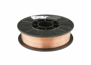A large black plastic spool of Harris ER70S-6 Mild Steel MIG Welding Wire .035 11# SPOOL - E70S6F5, featuring a copper finish, is tightly wound and has a white label with text and a barcode. The spool rests on a white background.
