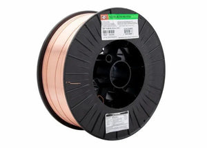 A spool of Harris ER70S-6 Mild Steel MIG Welding Wire .035 44# (E70S6F9) in copper is tightly wound around a black plastic reel, with several labels, including a green one on top, showing barcodes and product details.
