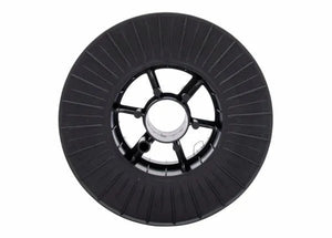 A black plastic spool, seen from above, with a ribbed outer rim and radial spokes leading to a hollow center. This round spool is for Harris ER70S-6 Mild Steel MIG Welding Wire .035 44# (E70S6F9), designed for general purpose MIG welding.