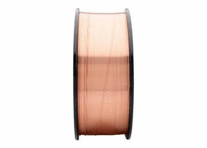 A black-rimmed spool of Harris ER70S-6 Mild Steel MIG Welding Wire (.035, 44# - E70S6F9) is shown from the side on a white background, highlighting the smooth, metallic wire and even winding for general-purpose MIG welding.