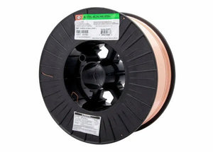 A large black plastic spool labeled Harris ER70S-6 Mild Steel MIG Welding Wire .035 44# SPOOL - E70S6F9 holds copper-colored wire; green and white labels with product and safety info are attached to the spool’s sides.