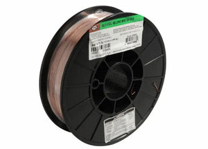 A Harris ER70S-6 Mild Steel MIG Welding Wire .045 11# SPOOL (E70S6H5) features copper-coated wire on a black plastic reel, with white and green labels displaying product details and barcodes; some wire is unwound near the center.