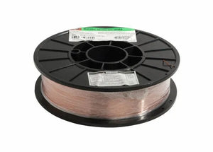 A large black spool of Harris ER70S-6 Mild Steel MIG Welding Wire .045 11# (E70S6H5) holds evenly wound copper-colored wire. Product detail and warning labels are attached. The background is plain white.