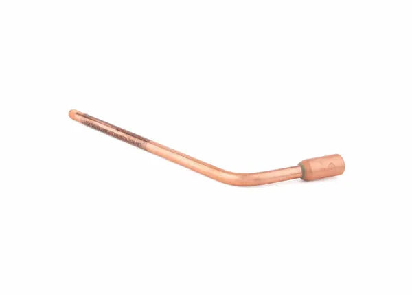 A copper-colored metal rod with a threaded end and a 90-degree bend, tapering into a socket-like attachment on one side, resembling an all copper heating tip, displayed on a white background.