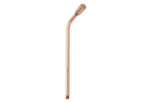 A metal bombilla straw with a flared, perforated filter tip and a slight bend near the top, commonly used for drinking yerba mate, now featuring a durable copper heating tip.