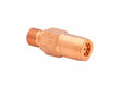 A copper-colored, hexagonal Harris heating tip gas welding check valve with a threaded end and multiple small holes on the opposite end, isolated on a white background.