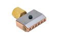 A close-up of a metal refrigerator gas charging valve with a brass connector, a silver top plate secured by a screw, and a copper base featuring multiple small holes ideal for efficient rust removal.