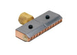 A metal gas burner tip with a brass fitting, featuring two black screws on top and a row of small gas outlets along the copper edge, this heating tip is ideal for distributing flames during rust removal tasks.