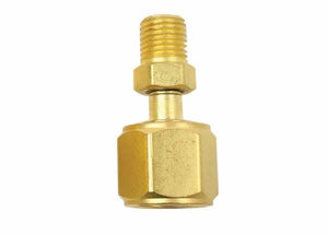 Harris 9004418 brass M/A-F/B RH oxygen adaptor for welding hoses, with hex nut base and threaded male connector for secure fit.