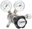 The Harris 721C-015-346-D Ultra High Purity Medical Air Regulator features two pressure gauges, a large black adjustment knob, and metal fittings for connecting to gas cylinders—making it ideal for high purity gas applications.