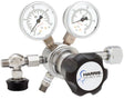 The Harris HP 721C Specialty Gas CO2 Regulator (721C-500-320-A) features two round pressure gauges, a large black adjustment knob with the Harris logo, and multiple valves and connectors for attaching to gas cylinders and hoses.
