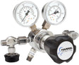 The Harris 721C-015-580-A Ultra High Purity Inert Gas Regulator features dual psi/kPa gauges, a black Harris Specialty Gas knob, and multiple metal connectors—perfect for high-purity gas uses like chromatography.