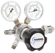The Harris Regulator 721C-500-580-C features two pressure gauges (psi/kPa), multiple valves and fittings, and a black Harris Specialty Gas front knob—ideal as a high purity specialty gas regulator.