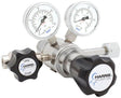 The Harris Regulator 722C-500-326-B features dual pressure gauges, stainless steel two-stage design, black OPEN/CLOSE knobs, and bold HARRIS SPECIALTY GAS branding for reliable specialty gas control.