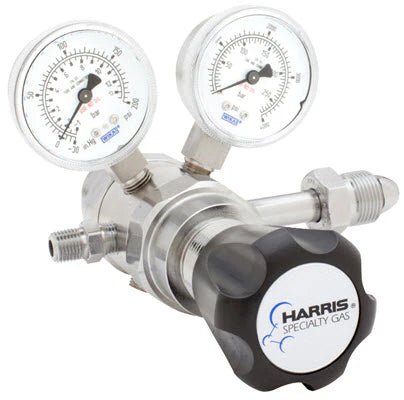 The Harris 742-500-580-B Argon/Helium/Neon/Nitrogen Regulator features dual psi/kPa gauges, an HARRIS SPECIALTY GAS adjustment knob, and stainless steel connectors for high-purity cylinder regulation.