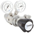 The Harris 742-050-580-C gas regulator, compatible with Argon, Helium, Neon, and Nitrogen, features dual pressure gauges, a black Harris Specialty Gas adjustment knob, stainless steel body, and precise cylinder flow control ports.