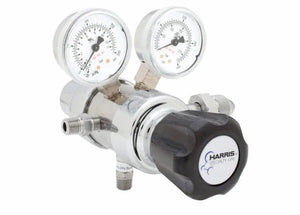 Harris HP702-050P-580-D argon/nitrogen regulator, nickel-plated brass, dual gauges for precise welding gas flow control.