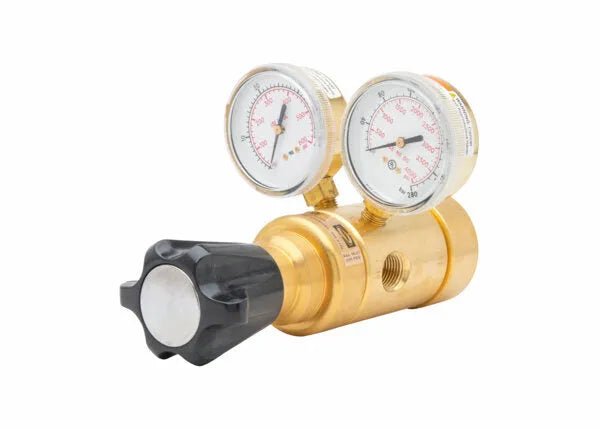 Harris HP750-250-540 Brass Gas Regulator 3000951 for welding, with dual gauges and black knob. Shown on white background.