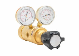 Harris HP750-250-5500 brass high-flow welding gas regulator with twin psi/kPa gauges and black knob, shown on white background.