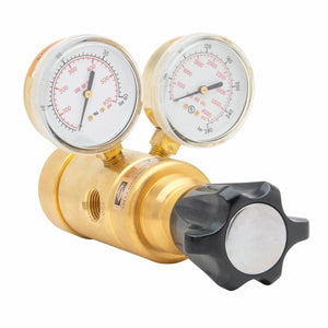 Harris HP750-500-3000 welding gas regulator with dual gauges, black knob, non-corrosive—precision control for welding tasks.