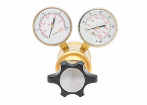 Harris HP750-500-580 Non Corrosive Gas Regulator for welding, featuring dual gauges and black knob, on white background.