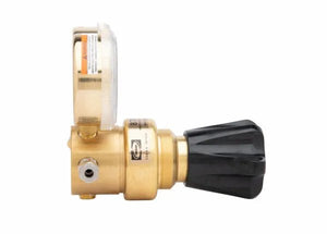 Side view of a single stage brass regulator with a round pressure gauge on top and a large black plastic control knob on the right, ideal as a hydrogen or methane high pressure cylinder regulator, isolated on a white background.