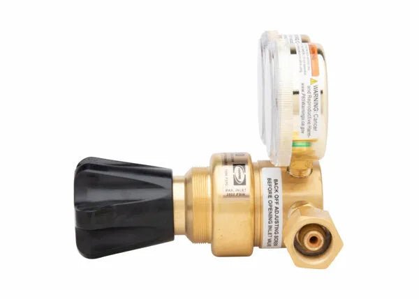 A single stage brass regulator with a black adjustment knob, clear pressure gauge, and threaded connector for use as a Hydrogen/Methane/Carbon Monoxide Regulator, displayed on a white background.