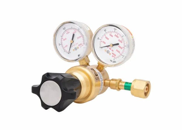 A single stage brass regulator for hydrogen, methane, or carbon monoxide features two analog gauges, a black adjustment knob, and a brass connector, shown against a white background.