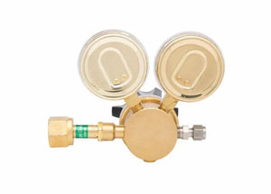 Single stage brass regulator with two circular pressure gauges and a connection fitting on the left; designed as a high pressure cylinder regulator for Hydrogen/Methane/Carbon Monoxide. Viewed from above on a white background.