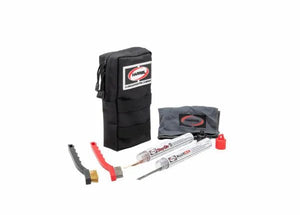 The Harris H-1000-B gun cleaning kit includes a black zippered pouch with the Hoppes logo, two cleaning rods, a small red bottle, and brushes—neatly organized like an HVAC brazing repair kit—all shown on a white background.