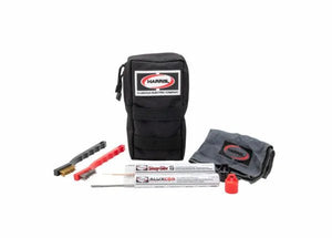 The Harris H-1000-B black HVAC brazing repair kit pouch stands upright with a black cleaning brush, red tool, Stay-Silv 15 and Aluxcor tubes, and a gray Harris cloth neatly arranged in front on a white background.