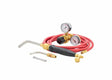 The Harris Inferno 4B Quick Connect Kit CGA-520 - 4400084 includes a red hose with brass fittings, black torch handle with curved metal nozzle, regulator with dual gauges, small wrench, and extra nozzle—displayed on a white background.