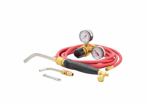 The Harris Inferno 4B Quick Connect Kit CGA-520 - 4400084 includes a red hose with brass fittings, black torch handle with curved metal nozzle, regulator with dual gauges, small wrench, and extra nozzle—displayed on a white background.