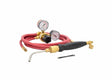 The Harris Inferno 5B Quick Connect Kit CGA-520 - 4400085 welding torch kit features a black handle, red hoses, two pressure gauges, and brass fittings, ideal for acetylene gas brazing and soldering. A small metal wrench is included.