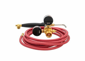 The Harris Inferno 5B Quick Connect Kit CGA-520 (4400085) features a red welding hose coiled around a brass regulator with dual gauges, plus a black torch handle and curved metal nozzle, all displayed against a white background.