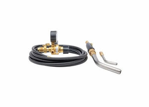 The Harris Inferno 601 Quick Connect Kit CGA-510P (4400089) includes a coiled black hose, brass regulator with pressure gauge, and two black-handled, brass-fitted torch heads for brazing and soldering, all shown on a white background.