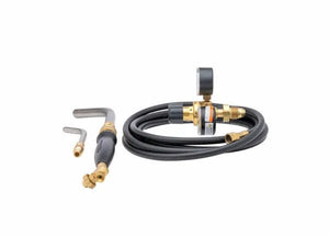 The Harris Inferno 601 Quick Connect Kit CGA-510P - 4400089 includes a propane torch with black rubber hose, brass/black handle, pressure gauge, and regulator. Two bent metal torch tips with brass fittings are ideal for brazing and soldering projects.