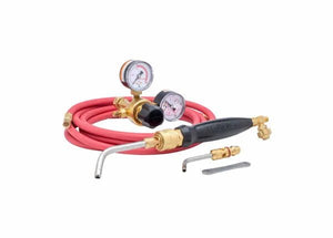 The Harris Inferno 6MC Quick Connect Kit CGA-200 - 4400088 features a red hose, dual pressure gauges, brass fittings, black-handle torch, and two metal tools—perfect for copper tube soldering—displayed on a white background.